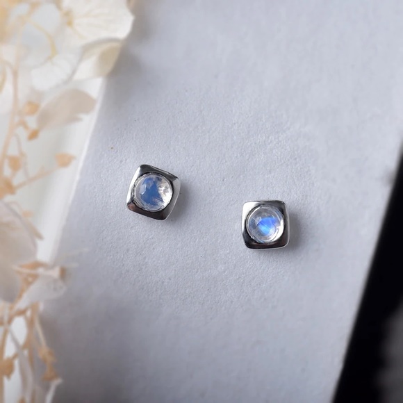 Authentic Natural Moonstone Ear Studs Sterling Silver, Natural Gemstone Earrings - Picture 4 of 5